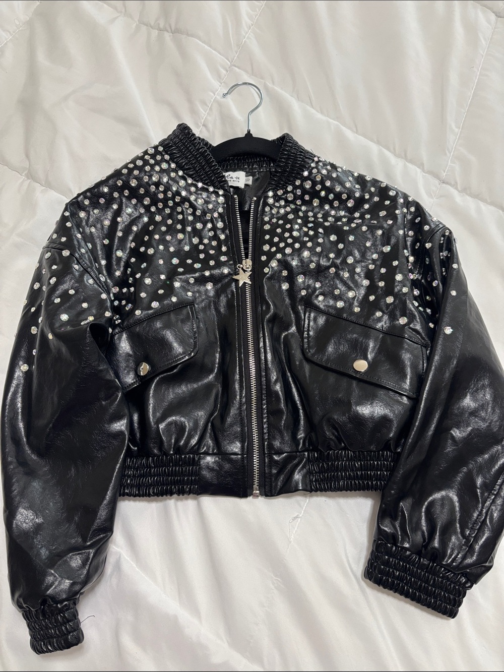 Lola + The Boys Black Studded Faux Leather Bomber Jacket